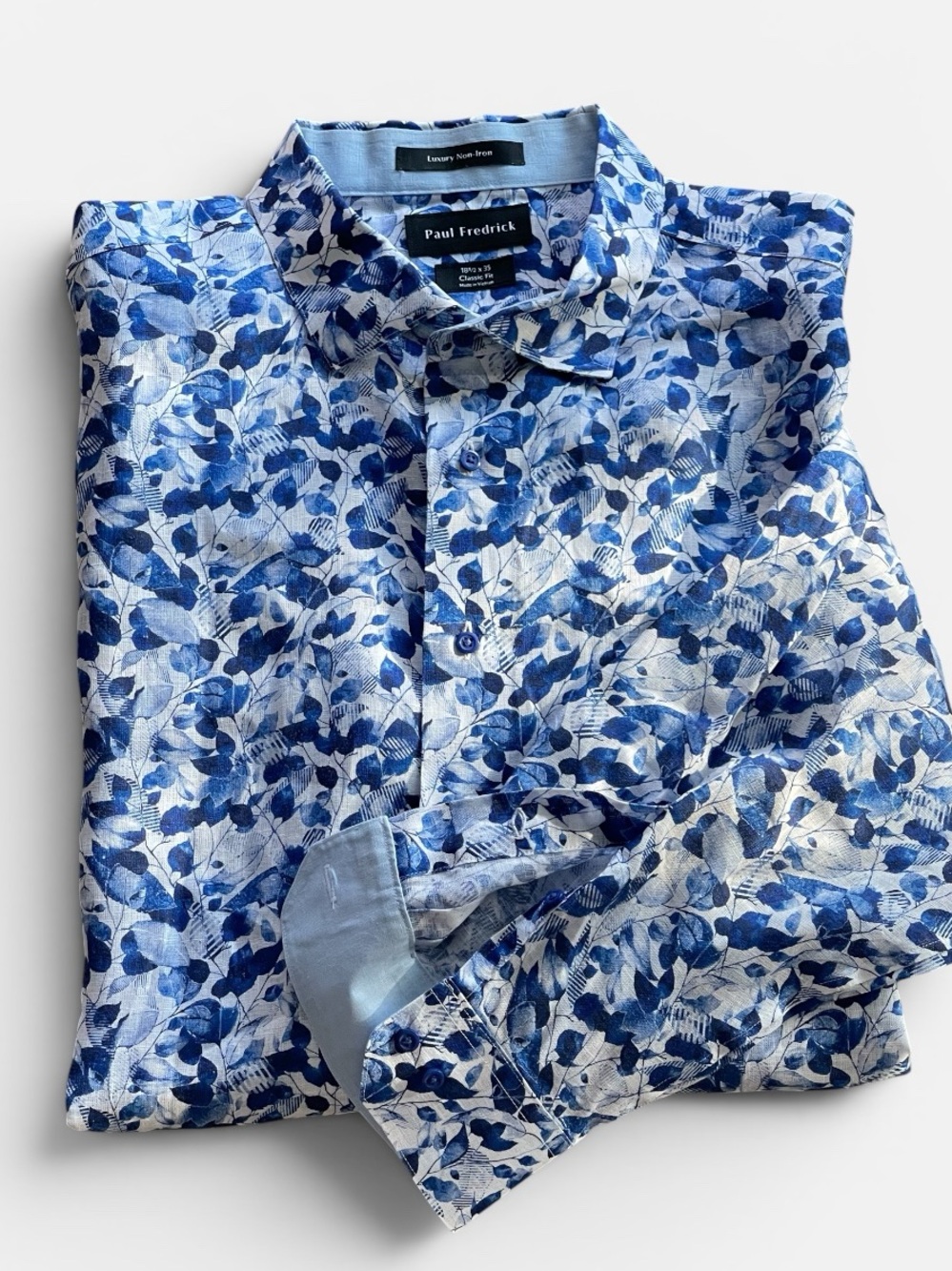 Paul Fredrick Blue Floral Luxury Non-Iron Button Down Shirt Sz 18 1/2 x 35 Linen